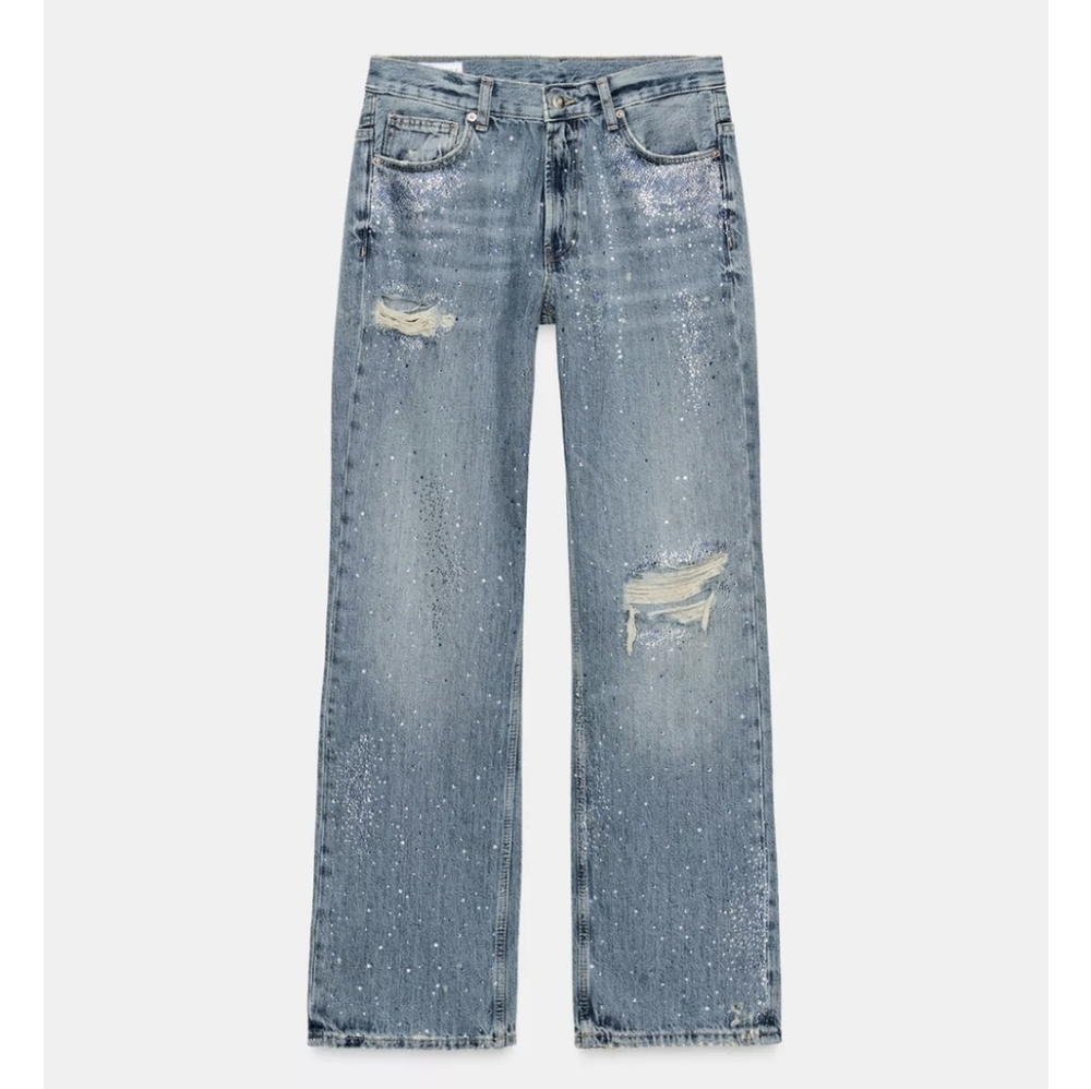ZARA TRF RIPPED WIDE LEG RHINESTONE JEANS